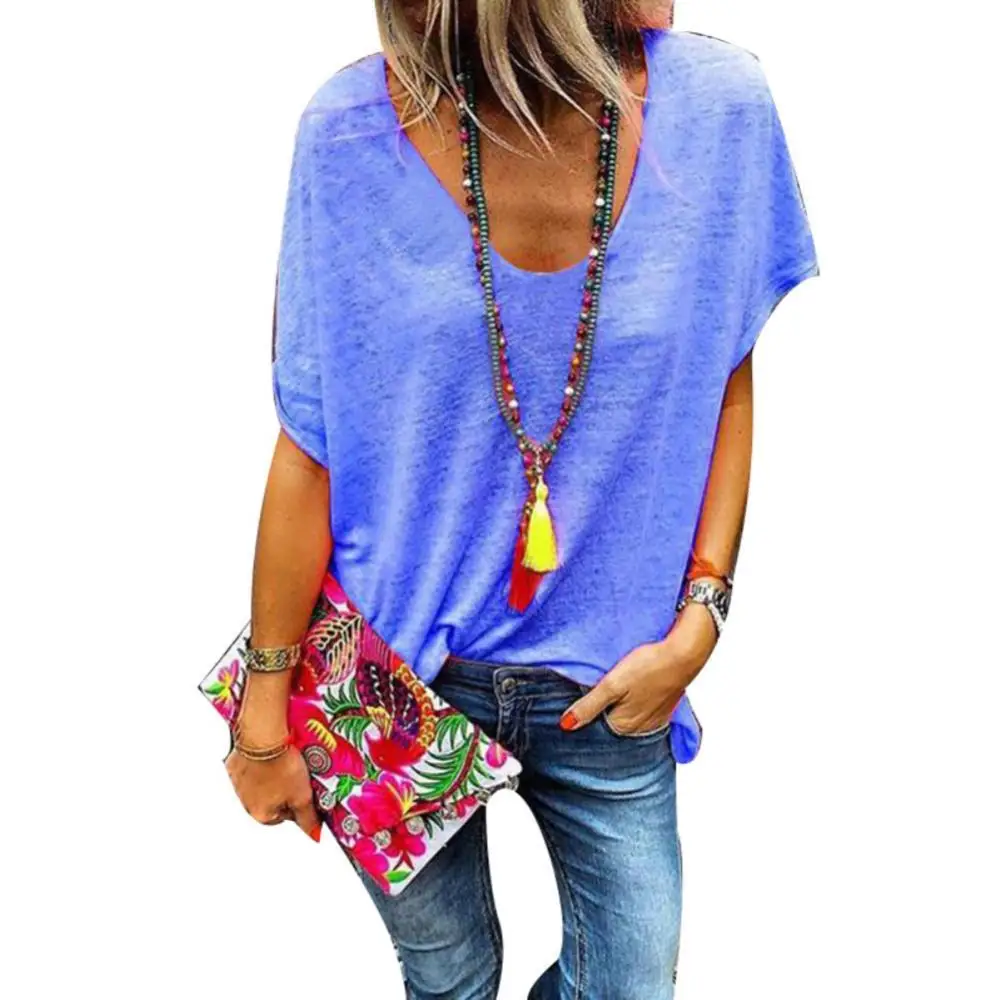 

Plus Size Top Women V Neck Loose T-Shirt Candy Color Short Sleeve Summer Tee