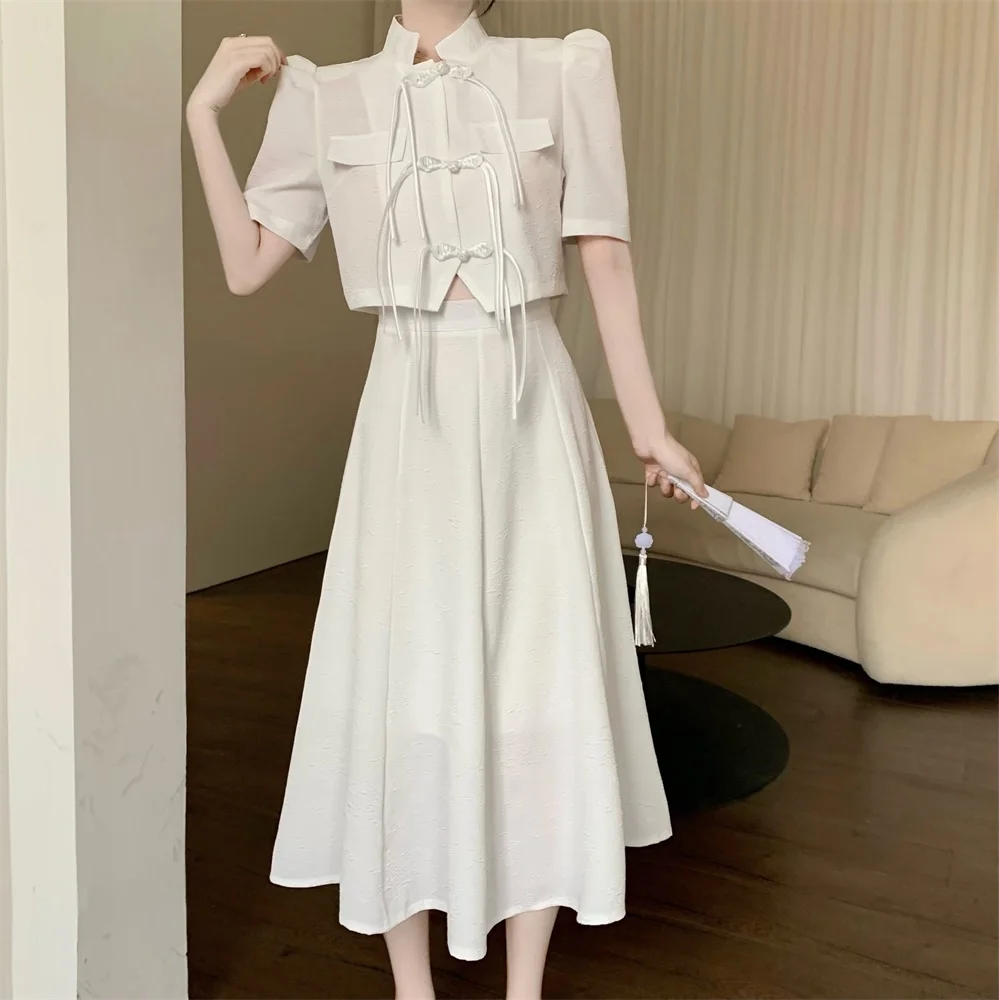 

korea puff sleeve standing neck jacquard buckle short tops coat+high waist skirt 2023 summer new set for women