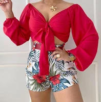 summer two piece set women fashion lace up long sleeved blouse sashes printed shorts pants suit casual two piece set women