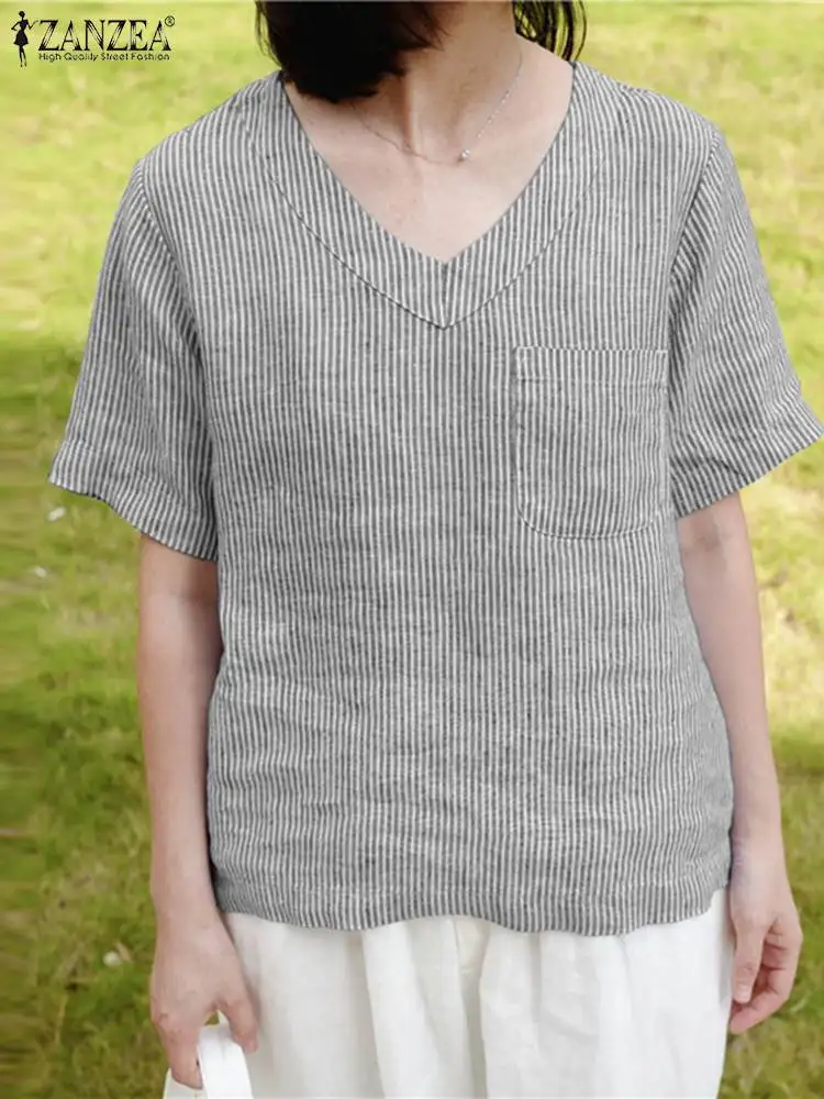 

ZANZEA Women Summer Vintage V Neck Loose Work Shirt Female Tunic Tops Holiday Blusas Chemise Casual Short Sleeve Striped Blouse
