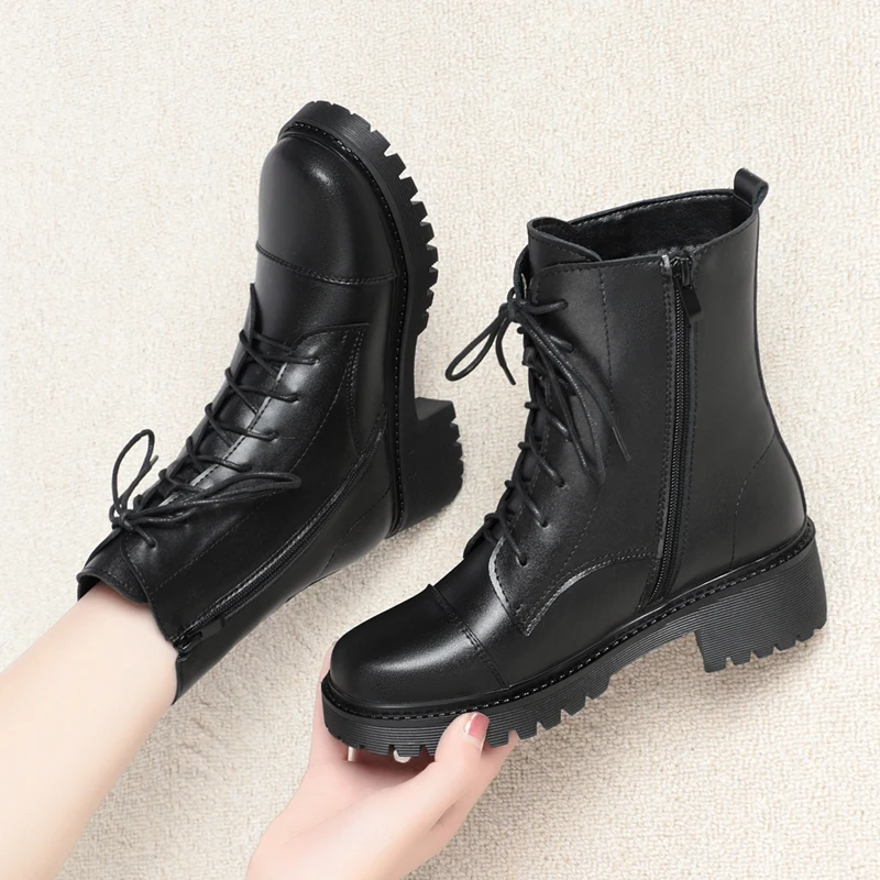 DIMANYU Winter Short Boots Women Large Size Wool Warm Women Motorcycle Boots British Style Genuine Leather Women Snow Boots