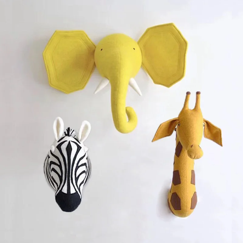 Room Decor Plush Animal Head Zebra/Elephant/Giraffe Wall Hangings for Baby Bedroom Wall Mount Kids Stuffed Animal Nordic Toys