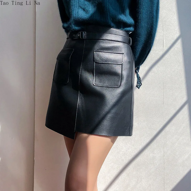 2022 High-waisted Slim Sheepskin Leather Skirt Lightly Painted Matt A-line Genuine Leather Skirt W11