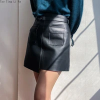 2022 high waisted slim sheepskin leather skirt lightly painted matt a line genuine leather skirt w11