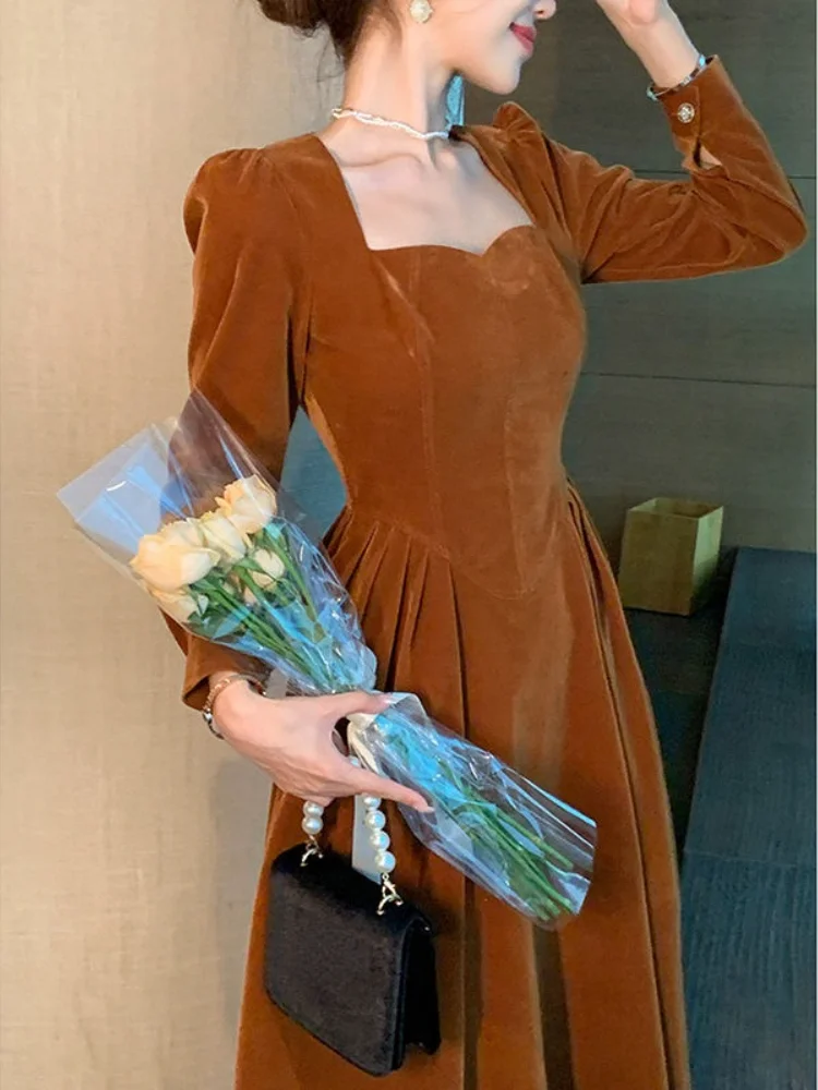 

France Vintage Dress Women Autumn Winter Solid Retro Elegant Evening Party Midi Dress Long Slevee Korean Style Dress Fairy 2022