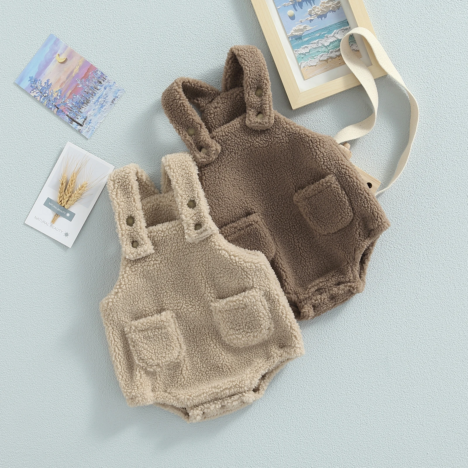 

Baby Plush Romper Sleeveless Strap Sling Design Pocket Decoration Bottom Snap Closure Cute Jumpsuit