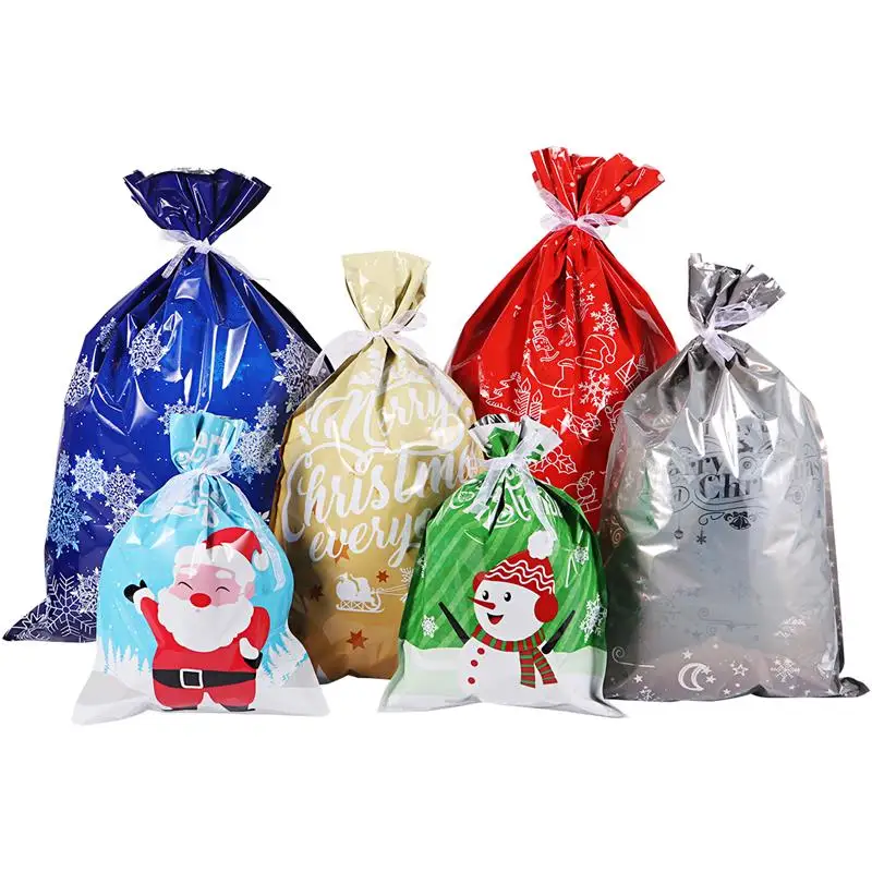 

30PCS Christmas Gift Drawstring Bags Christmas Goodie candy Bags Gift Wrapping Bags Aluminium Film Opp Bags 6 Patterns 3 Sizes