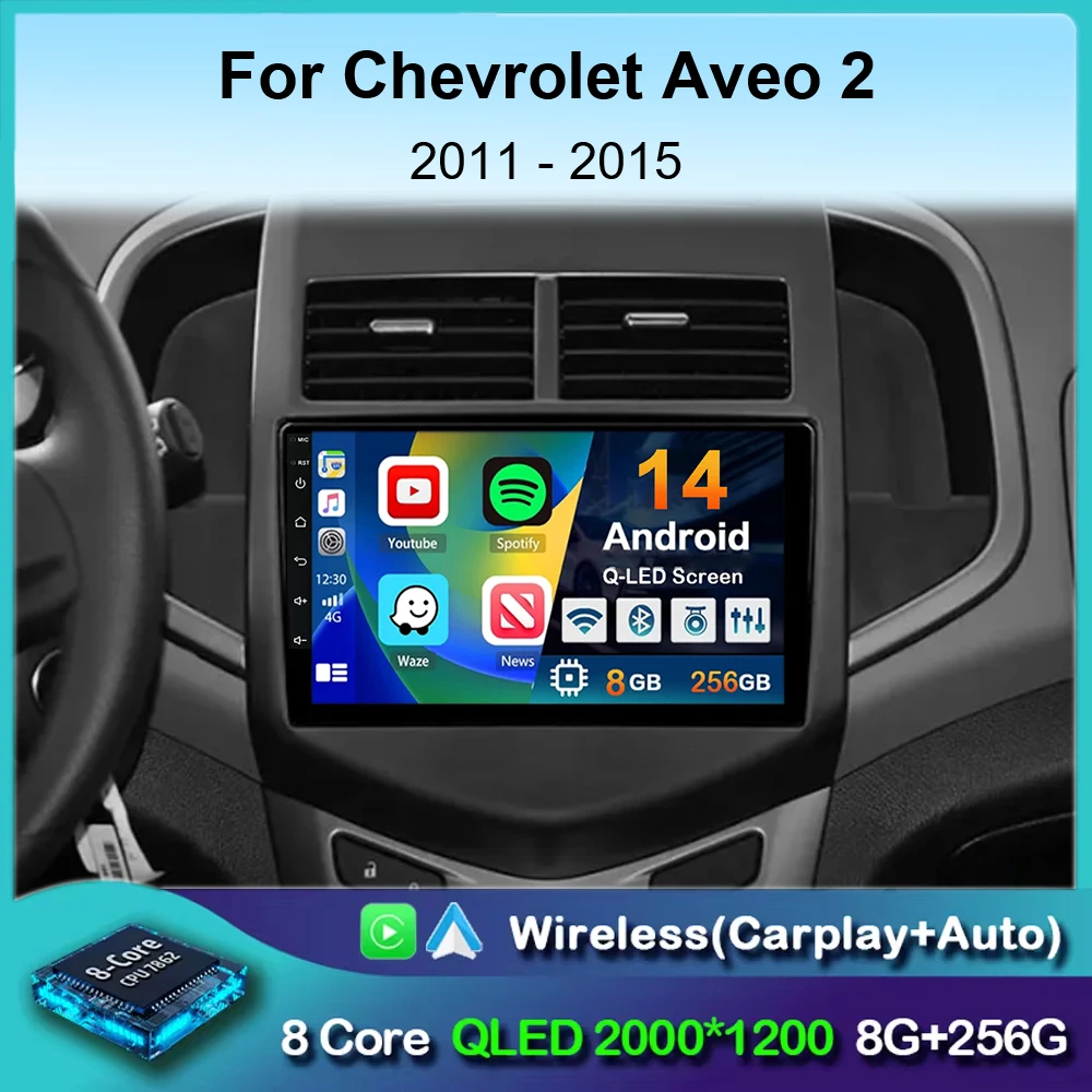 Автомагнитола CarPlay мультимедийный плеер на Android 14 для Chevrolet Aveo 2 Sonic T300 2011-2015