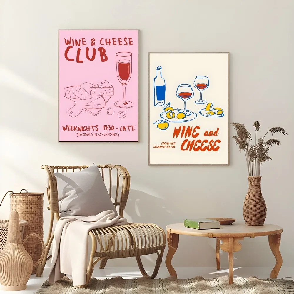 Wine And Cheese Club Art Print Simple Poster Sticky Wall Printing Waterproof Home Living Bed Room Bar Aesthetic Decor