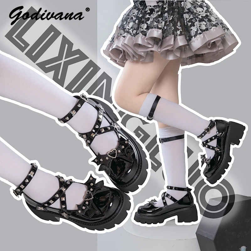 

Sweet Cool Hot Girl Leather Shoes Punk Gothic Style Thick Bottom Rivet Shoes Spring and Autumn Lolita Heel Shoes for Women