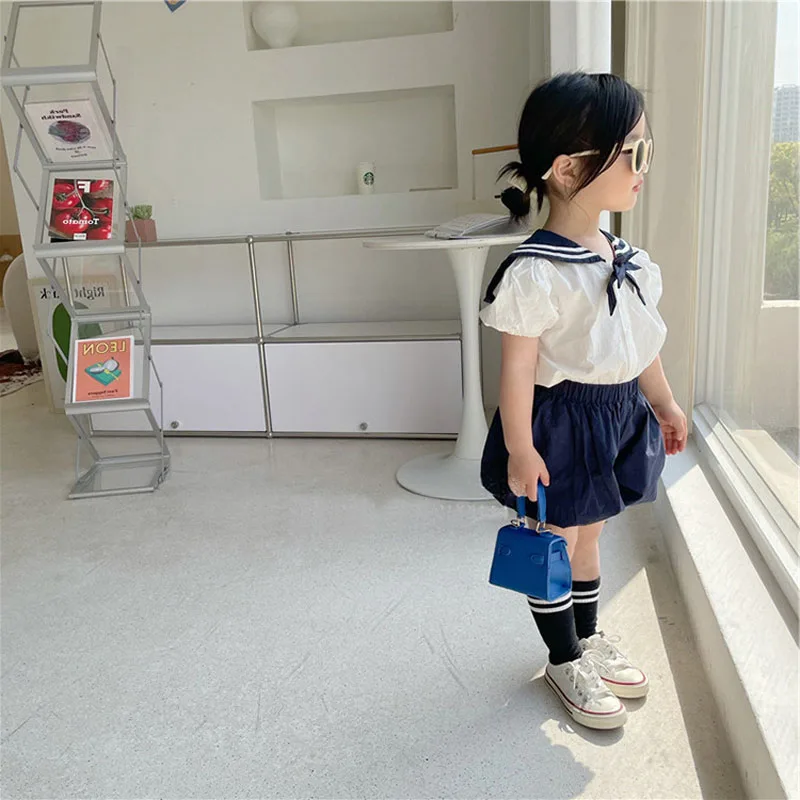 Summer Girls' Clothing Sets Primary School Student Uniform Lapel Short-Sleeved Shirt +Bloomers Baby Kids Children'S Clothes Suit images - 6