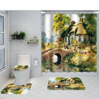 oil painting pattern shower curtain set anti slip blanket toilet cover bath mat farmhouse town country scenery bathroom curtain