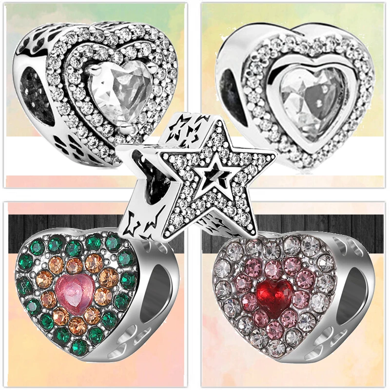 

2021 New Pavé Clear Zircon Sparkling Love Heart Fashion Beads Fit Original Pandora Charms Bracelet Women Jewelry Accessories DIY