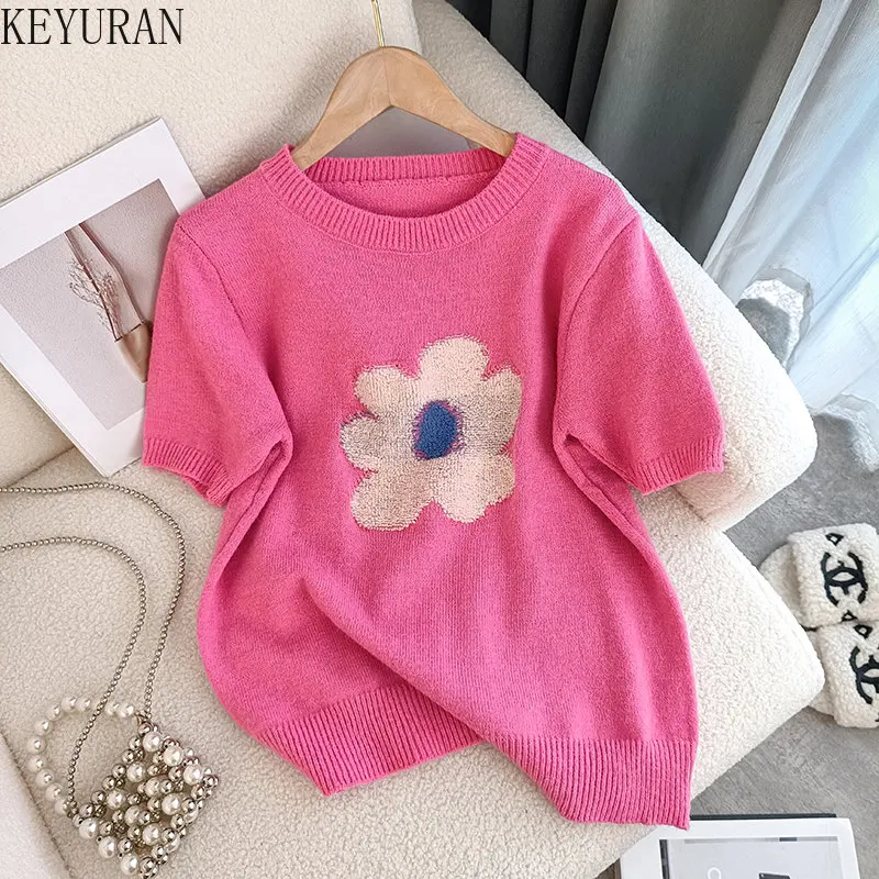 

Женский трикотажный свитер с круглым вырезом, Серый Повседневный пуловер с коротким рукавом и цветочным принтом, в винтажном стиле, лето 2023