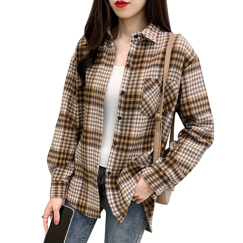 Блузка женская свободного кроя в клетку клетчатая хлопковая рубашка с длинным