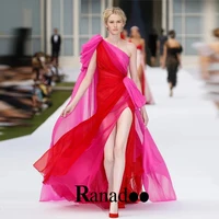 Red Pink Side Slit Chiffon Evening Dresses One Shoulder Strapless Sleeveless Party Prom Dress Robes De Soirée Made To Order