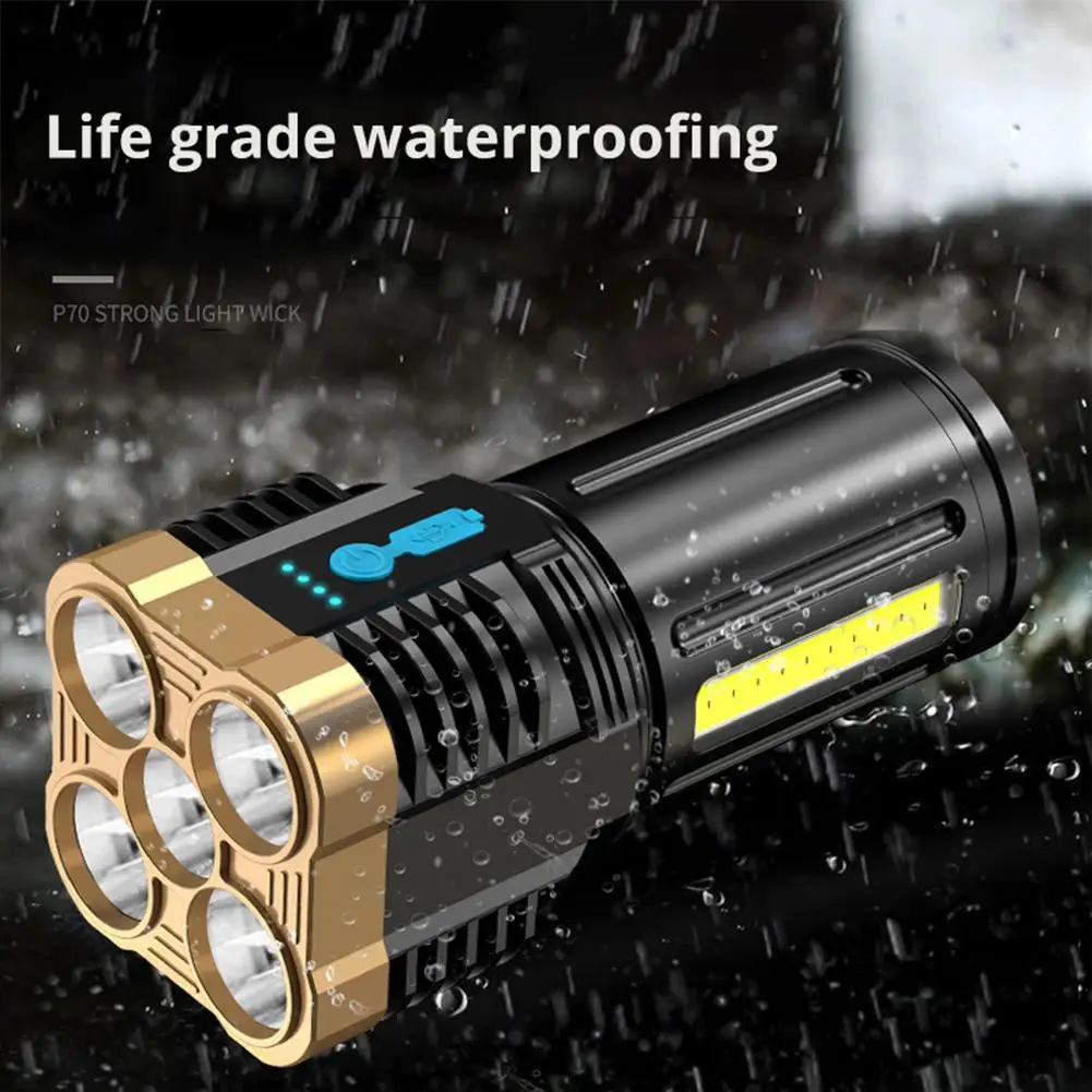 

5led Super Bright Flashlight Usb Rechargeable Outdoor Portable Multi-function Waterproof Cob Side Light Work Light