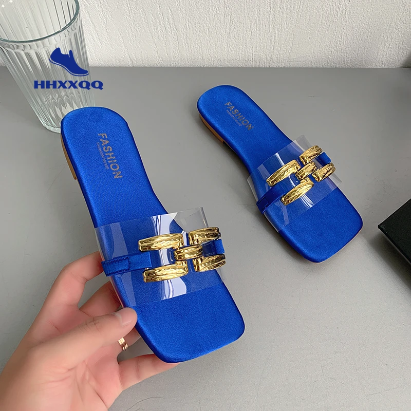 

2022 Flat Women Blue New Luxury One-word PVC Slippers Women's Shoes Metal Device Drag Outdoor All-match Casual Slippers Summer