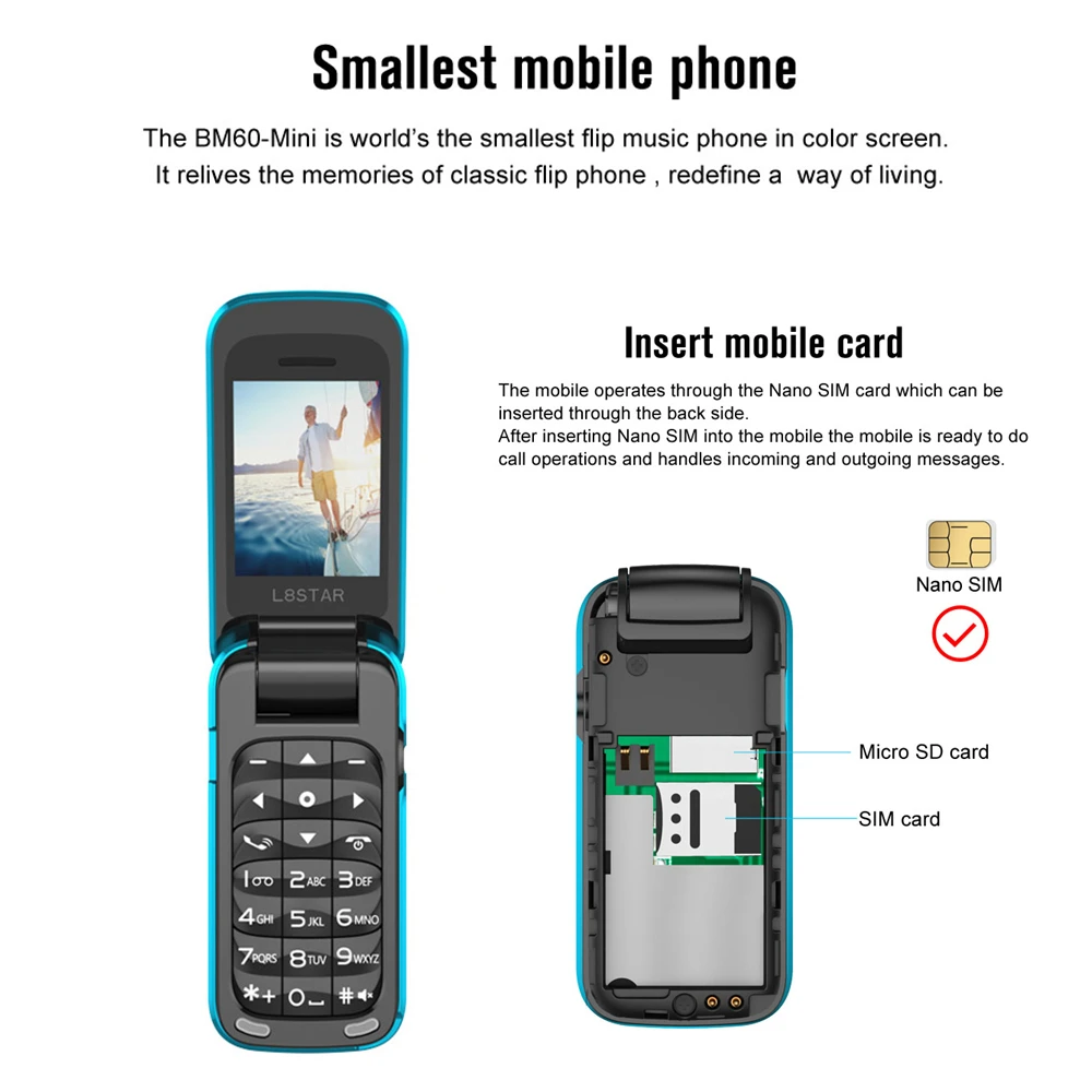 UNIWA 8star BM60 Mini Phone 2G GSM Flip Cellphone Bluetooth Dial Mobile Phone Single Nano SIM Card Telephones Magic Voice 300mAh