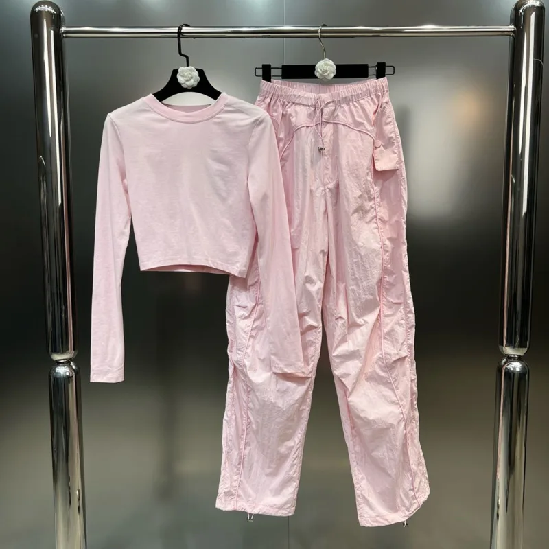 

2023 Autumn New Arrival Round Neck Slim T Shirt Drawstring Elastic Waist Pants Two Piece Set Tracksuits GM132
