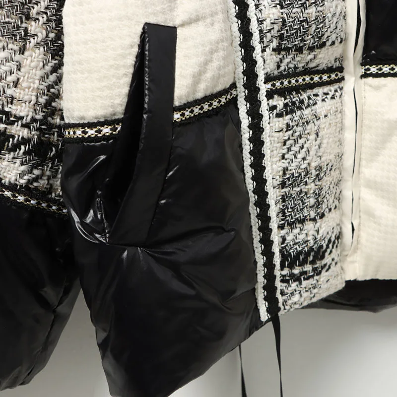 2023 New Winter Puffer Jacket Women High Neck Patchwork Woolen Plaid Knitted Warm Stitching White Duck Down Thermal Bread Coats