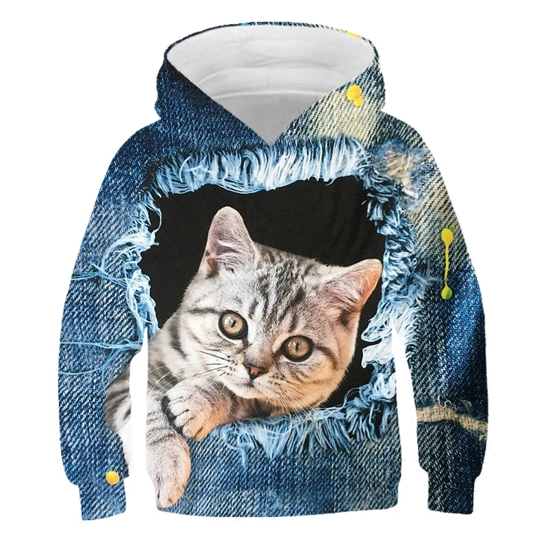 

4-14 Years Old Kids Cat Hoodies Children Clothes Spring Autumn Baby Long Sleeve Sweatshirts Cute Cats Cartoon Casual Hooded Tops