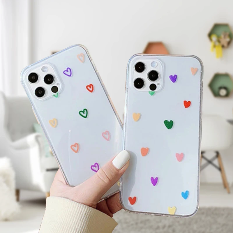 

JAVE Transparent Cartoon Love Heart Floral Fundas For iPhone 11 Pro Max 12 7 8 Plus Phone Case For iPhone 12 Mini XS Max X XR SE