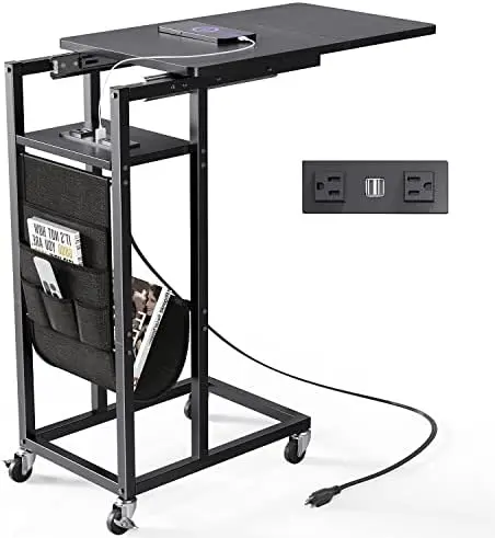 

Shaped Slide Cover End Table with Charging Station, Narrow Sofa Side Table with USB Port and Wheels, Couch Table Snack Bedside T