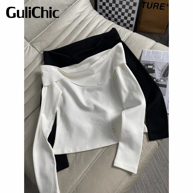 

8.8 GuliChic Women Solid Color Off Shoulder Design Temperament Sexy Slim T-Shirt