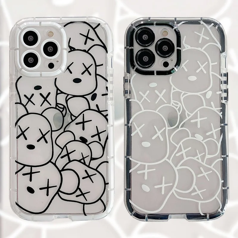 

Fashion Black White Line Bear Transparent Luminous Phone Case Cover for IPhone 11 12 13 Pro X XR XS Max Shockproof Cases