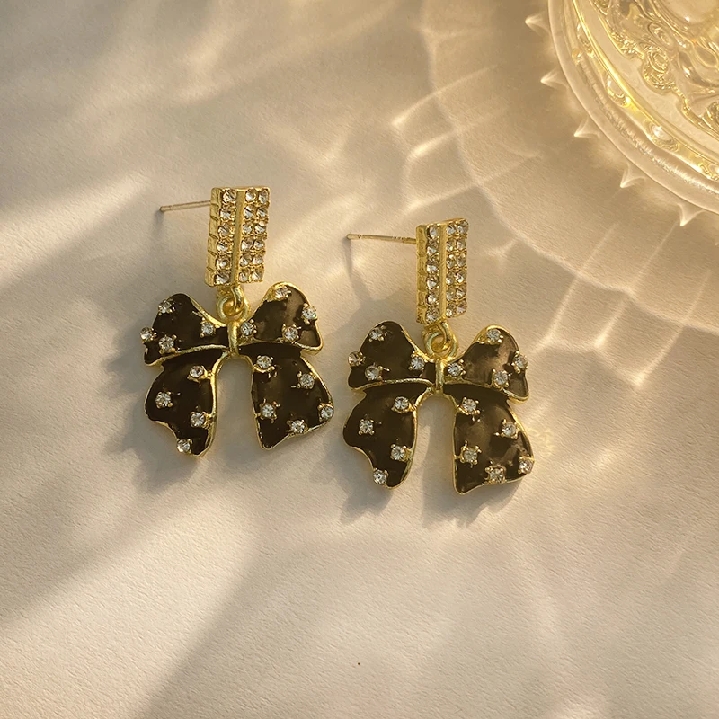

South Korea Elegant Black Bowknot Pendant Earrings 2023 New Exquisite Rhinestone Bowknot Women's Fashion Jewelry
