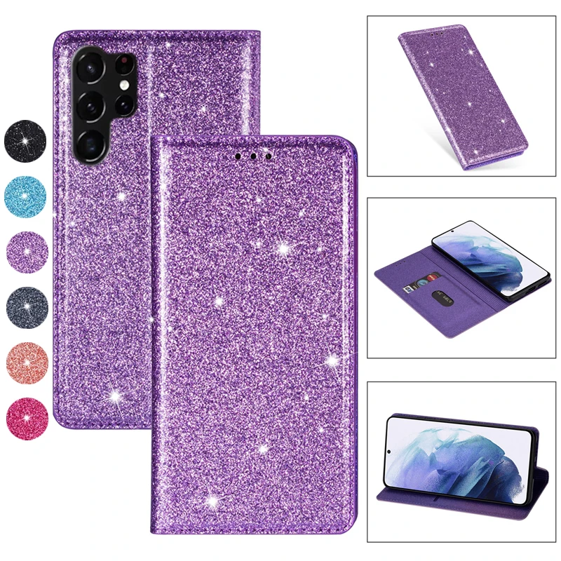 Glitter Wallet Flip Leather Case For Samsung Galaxy S23 Ultra S22 Ultra S21 FE S20 FE S10E S10 Plus S9 S8 Note 20 Ultra 10 Lite