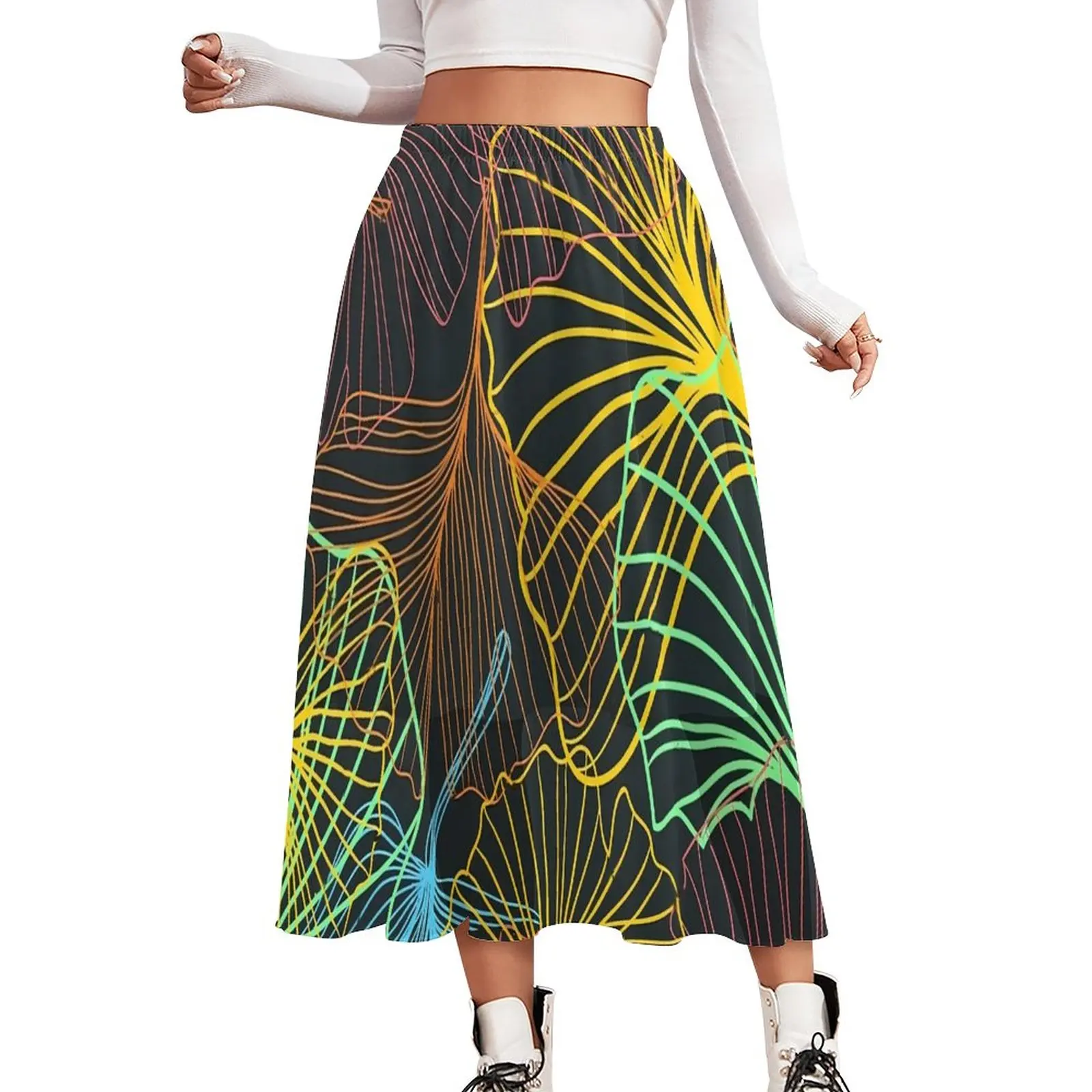 

Colorful Ginkgo Biloba Skirt Female Super Leaves Print Retro Long Skirts Printed Elastic Waist Harajuku A-line Skirt Large Size