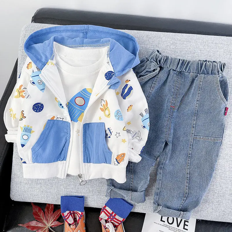 

Детские хлопковые костюмы, толстовки с капюшоном и штаны с мультяшным принтом для маленьких мальчиков и девочек, 3 шт./компл., спортивная оде...