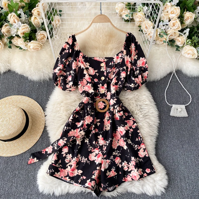 Korean Chic Puff Sleeve Sashes Rompers Women Square Collar Retro Print Jumpsuits Summer Elegant Holiday Beach Rompers