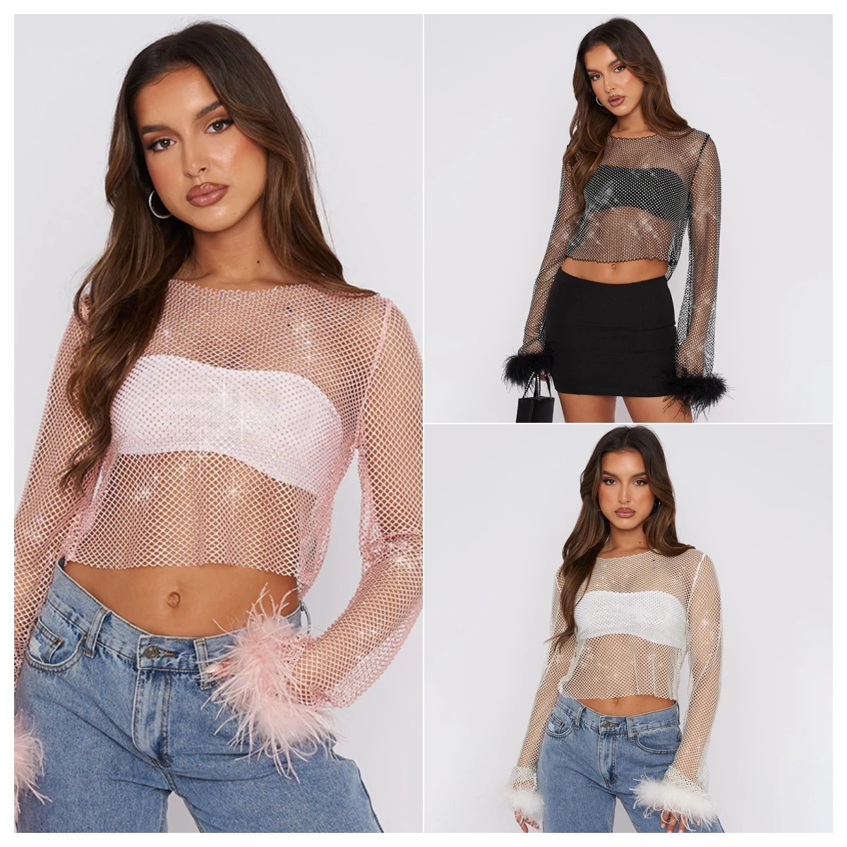 

Feather Crop Top 2000s Women Hollow Out Fishnet Round Neck Long Sleeve T Shirt Female Tee y2k Clothes Party Clubwear