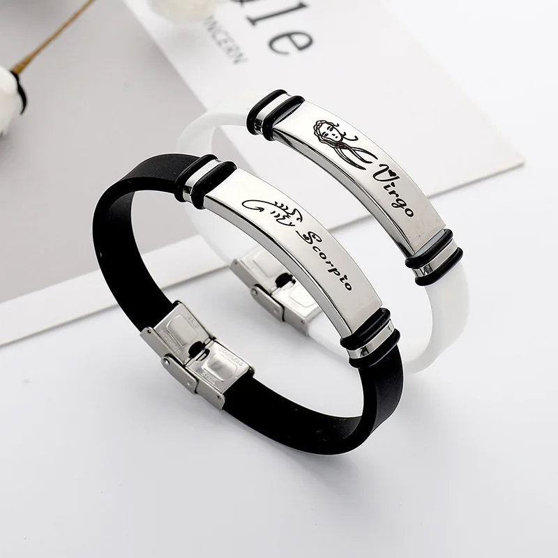 

12Pcs Hot sale Fashion Jewelry Unisex Soft Black White Rubber Bracelet Zodiac Design Stainless Steel Bracelet for Women Men