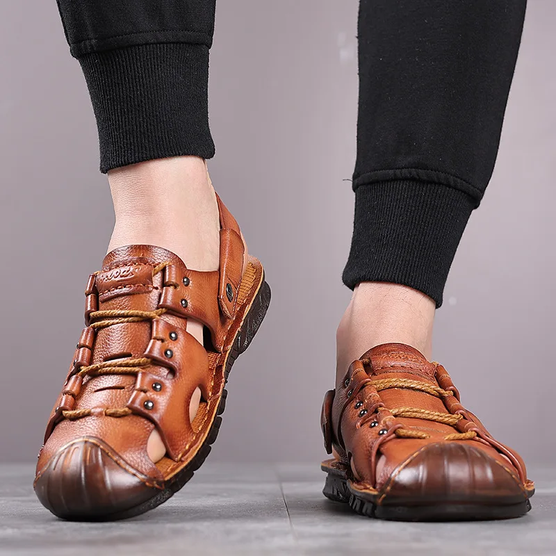 SALUDAS Men's Slippers Summer Beach Sandals Cowhide Genuine Leather Handmade Luxury Casual Sandals Non Slip Men's Shoes