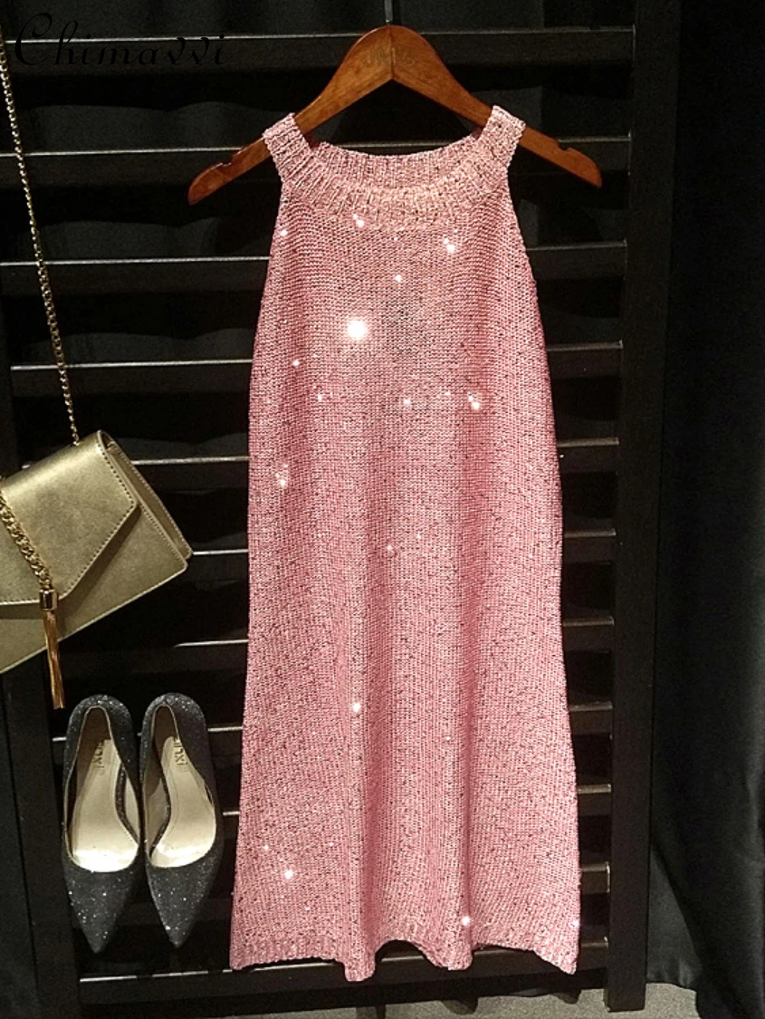

2022 Summer Dresses New Fashion Socialite Style Sequined Knitted Halter Suspender Dress Sexy Slim Fit Women's Elegant Dress