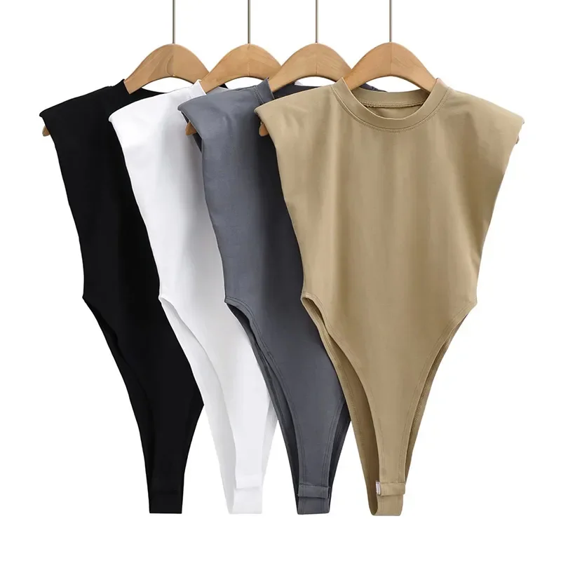 

Sexy tops women 2022 Summer one-pieces bodycon bodysuit padded shoulder bodysuit black sleeveless body suits for women white
