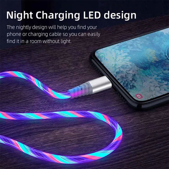 Flow Luminous USB Type C Cable 3A Fast Charging Data Cord for Samsung Xiaomi OPPO Huawei IPhone Charger Micro USB Wire LED Cable 4