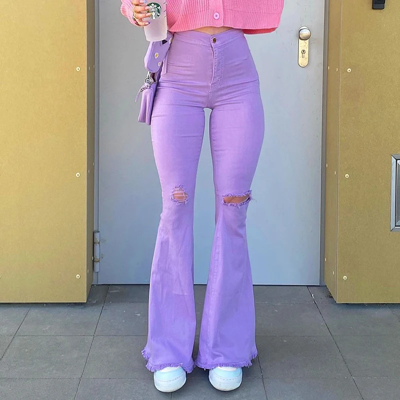 

Elastic Flared Jeans Women Purple Ripped Hole Denim Pants Fashion 90S European American Streetwear Y2k Tassel Wide Leg Trousers