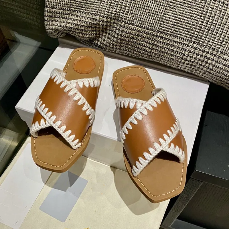 New Cross-Strap Square-Toe Sandals And Slippers For Women Open Toe Flat Roman Slippers