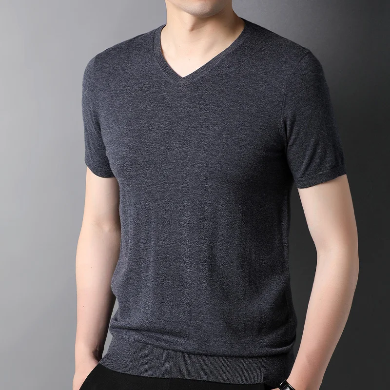 

Мужская футболка с коротким рукавом и V-образным вырезом, летняя модная Высококачественная Молодежная футболка из 100% шерсти с коротким рукавом в американском стиле
