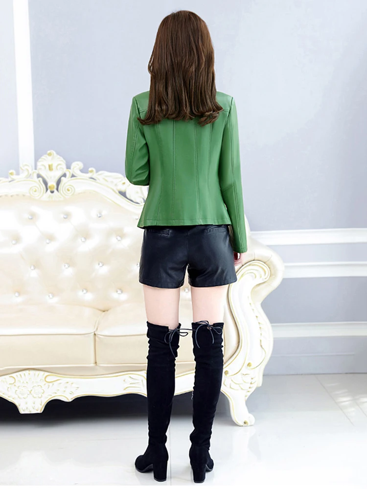 New Women Leather Jacket Spring Autumn Fashion Small Stand Collar Slim Sheepskin Short Coat Split Leather Outerwear Streetwear