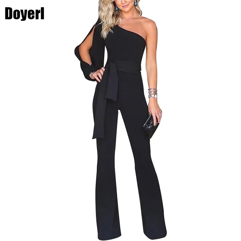 

Party Sexy Rompers Womens Jumpsuit Long Sleeve Split One Shoulder Overalls Elegant Evening Wear Black Formal Jumpsuits Sashes