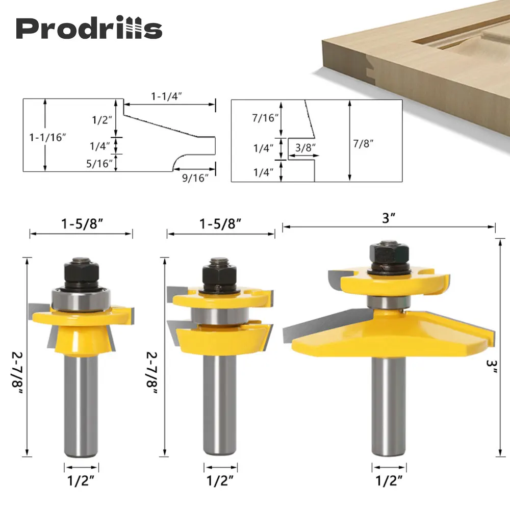 

3 Bit Raised Panel Cabinet Door Router Bit Set 1/2" Shank