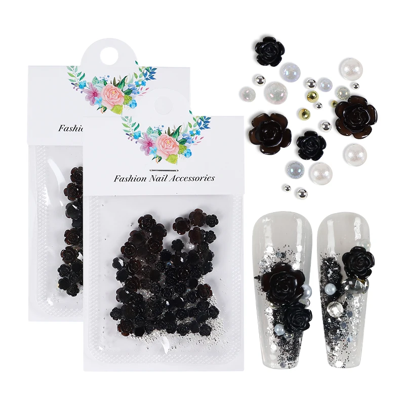 50Pcs 3D Black Camellia Nail Art Charms Resin Rose Flower Rhinestone Metal Pearl Decoration DIY kawaii Nail Supplies Accessories