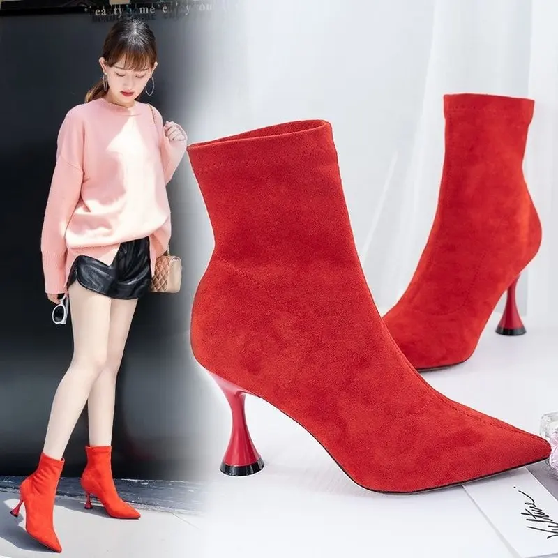 

Fashion Women Ankle Boots Pointed Toe High Heel Stiletto Soft Suede Slip-on Boot Purple Black Red Cozy Botas Flock Booties Warm