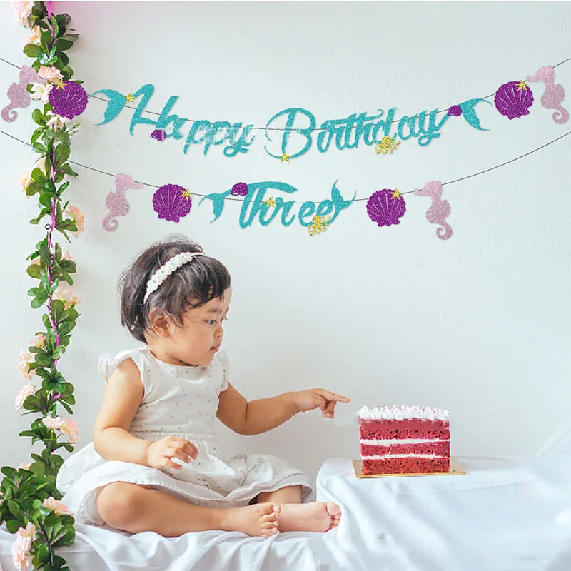 

Little Mermaid Theme Party Banner Under The Sea One Two Three Year Old Happy Birthday Party Decor Kids Girl Baby Shower Supplies